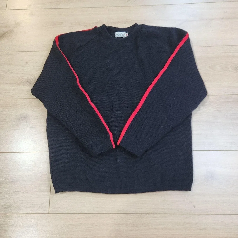 Vintage Demetre Sweater Mens Medium Black Wool Crewneck Knit Pullover Red Stripe